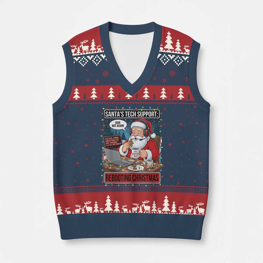 Funny Santa Tech Support Xmas V-Neck Knit Sweater Vest Rebooting Xmas Geek Humor Gift TS02 Navy Red Print Your Wear