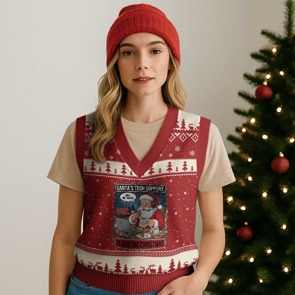 Funny Santa Tech Support Xmas V-Neck Knit Sweater Vest Rebooting Xmas Geek Humor Gift TS02 Red Beige Print Your Wear
