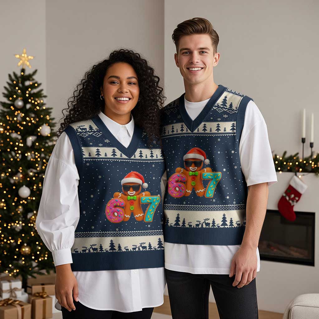 Funny 67 Meme Gingerbread Donut V-Neck Knit Sweater Vest Cool Xmas Cookie Six Seven Santa Hat Sprinkles TS02 Navy Beige Print Your Wear
