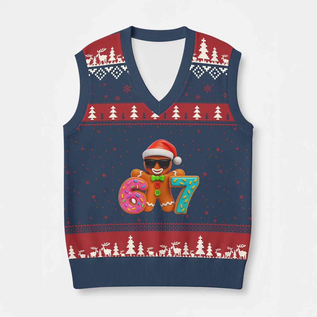 Funny 67 Meme Gingerbread Donut V-Neck Knit Sweater Vest Cool Xmas Cookie Six Seven Santa Hat Sprinkles TS02 Navy Red Print Your Wear