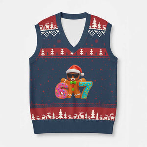 Funny 67 Meme Gingerbread Donut V-Neck Knit Sweater Vest Cool Xmas Cookie Six Seven Santa Hat Sprinkles TS02 Navy Red Print Your Wear