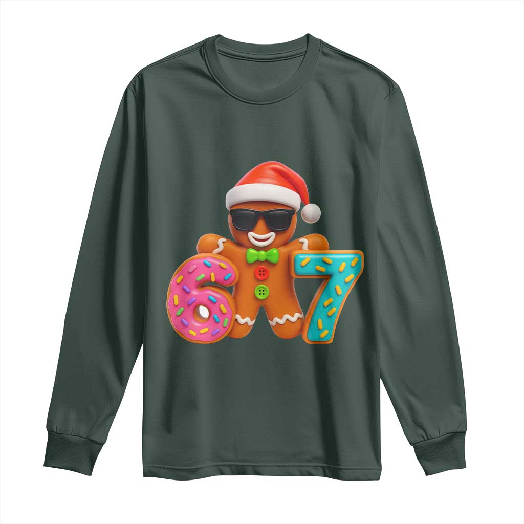Funny 67 Meme Gingerbread Donut Long Sleeve Shirt Cool Christmas Cookie Six Seven Santa Hat Sprinkles TS02 Dark Forest Green Print Your Wear