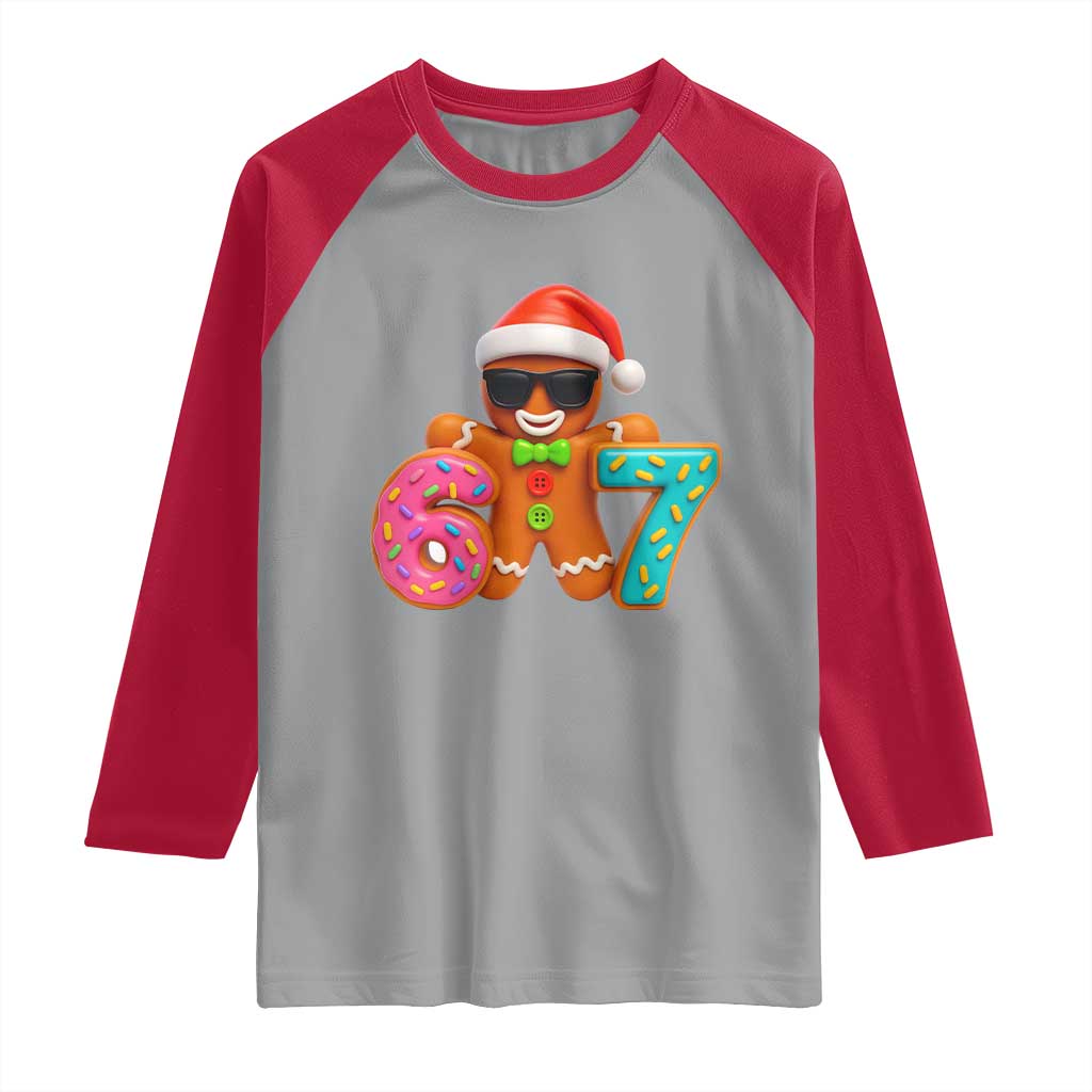 Funny 67 Meme Gingerbread Donut Raglan Shirt Cool Christmas Cookie Six Seven Santa Hat Sprinkles TS02 Sport Gray Red Print Your Wear