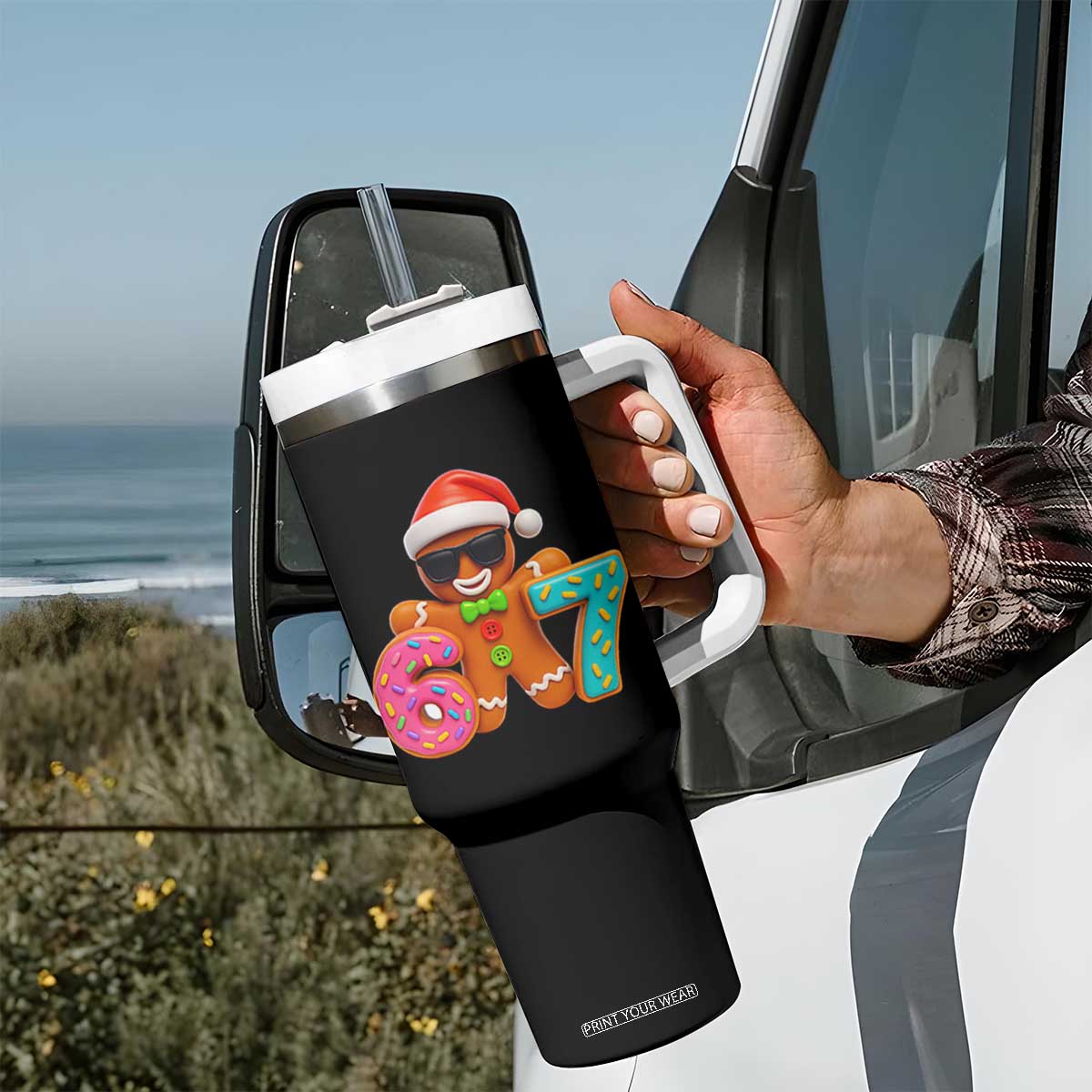 Funny 67 Meme Gingerbread Donut Tumbler With Handle Cool Christmas Cookie Six Seven Santa Hat Sprinkles TS02 Print Your Wear