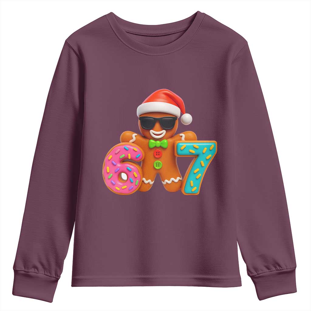 Funny 67 Meme Gingerbread Donut Youth Sweatshirt Cool Christmas Cookie Six Seven Santa Hat Sprinkles TS02 Maroon Print Your Wear