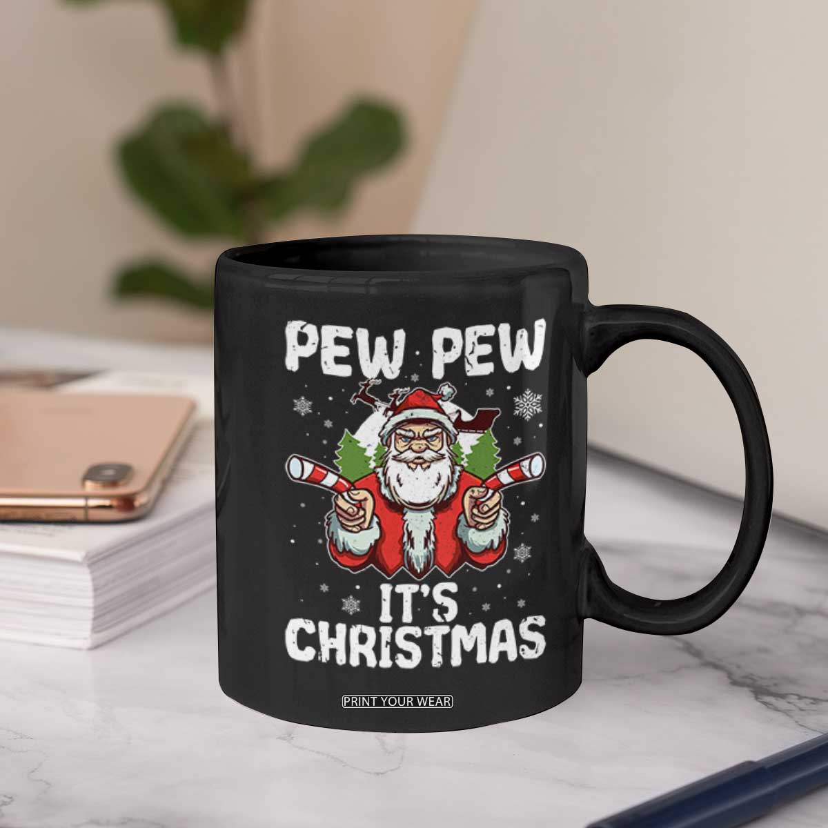 Funny Pew Pew Santa Christmas Coffee Mug Angry Santa with Candy Cane Guns Holiday Humor TS02 Print Your Wear