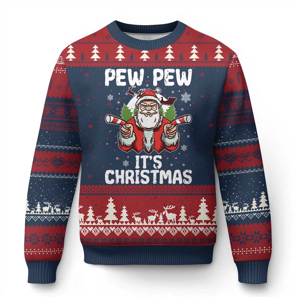 Funny Pew Pew Santa Xmas Ugly Christmas Sweater Angry Santa with Candy Cane Guns Holiday Humor TS02 Navy Red Print Your Wear