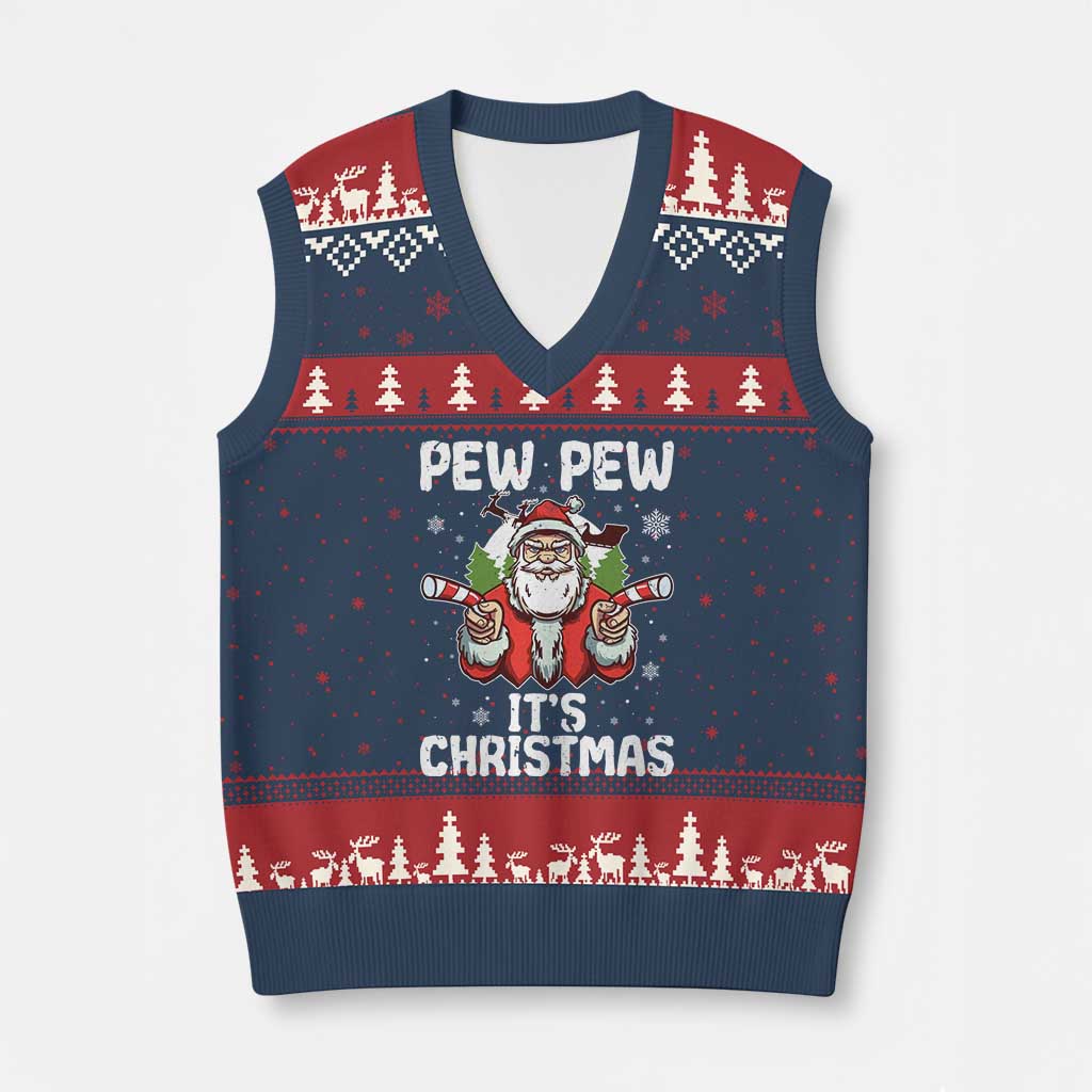 Funny Pew Pew Santa Xmas V-Neck Knit Sweater Vest Angry Santa with Candy Cane Guns Holiday Humor TS02 Navy Red Print Your Wear