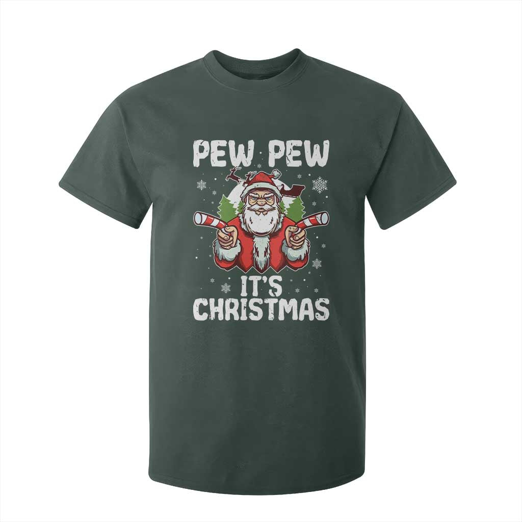 Funny Pew Pew Santa Christmas T Shirt For Kid Angry Santa with Candy Cane Guns Holiday Humor TS02 Dark Forest Green Print Your Wear