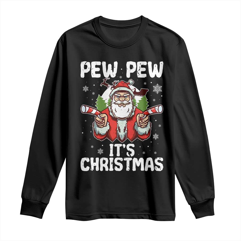 Funny Pew Pew Santa Christmas Long Sleeve Shirt Angry Santa with Candy Cane Guns Holiday Humor TS02 Black Print Your Wear