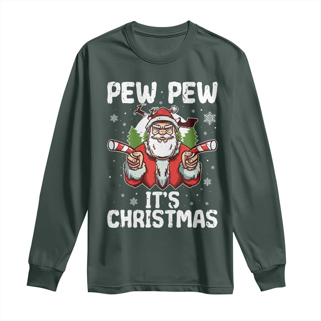 Funny Pew Pew Santa Christmas Long Sleeve Shirt Angry Santa with Candy Cane Guns Holiday Humor TS02 Dark Forest Green Print Your Wear