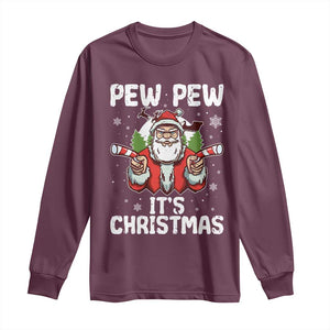 Funny Pew Pew Santa Christmas Long Sleeve Shirt Angry Santa with Candy Cane Guns Holiday Humor TS02 Maroon Print Your Wear