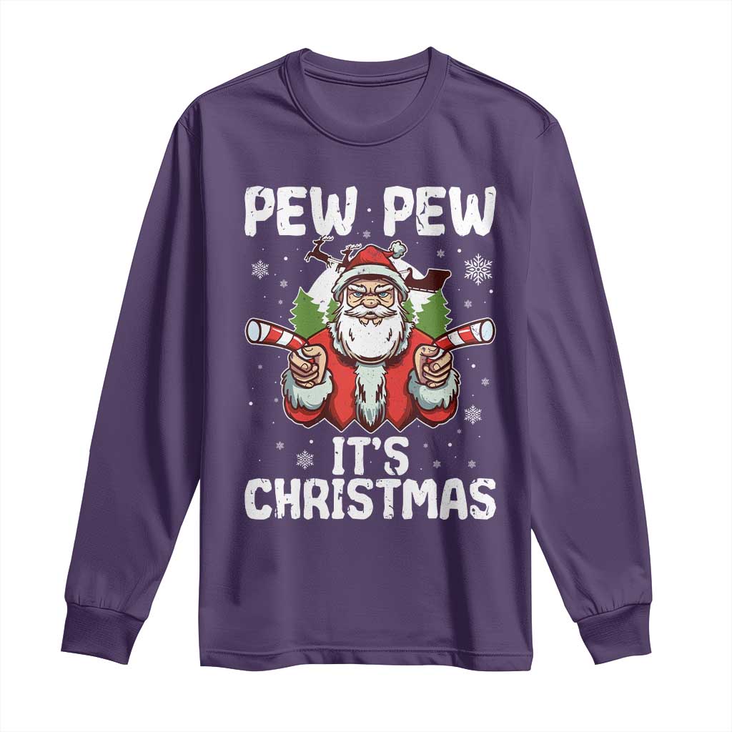 Funny Pew Pew Santa Christmas Long Sleeve Shirt Angry Santa with Candy Cane Guns Holiday Humor TS02 Purple Print Your Wear