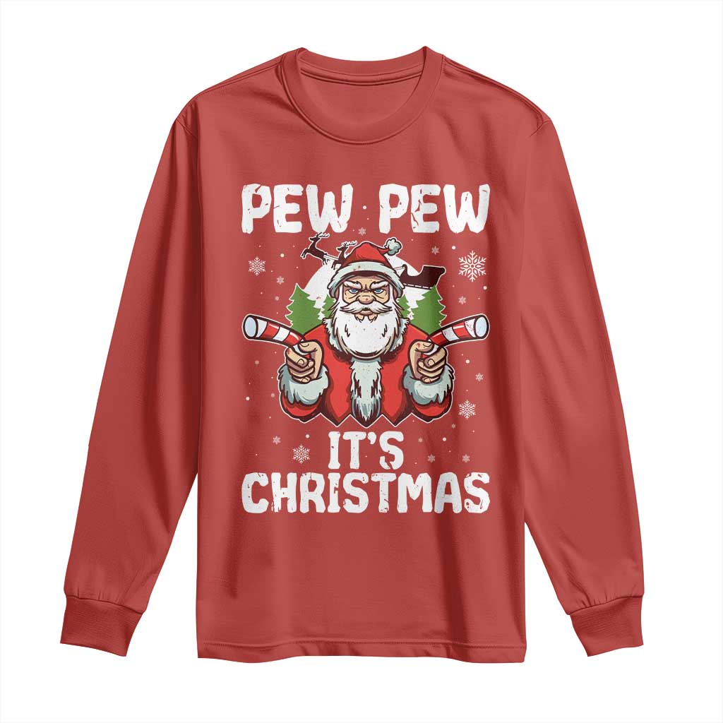 Funny Pew Pew Santa Christmas Long Sleeve Shirt Angry Santa with Candy Cane Guns Holiday Humor TS02 Red Print Your Wear