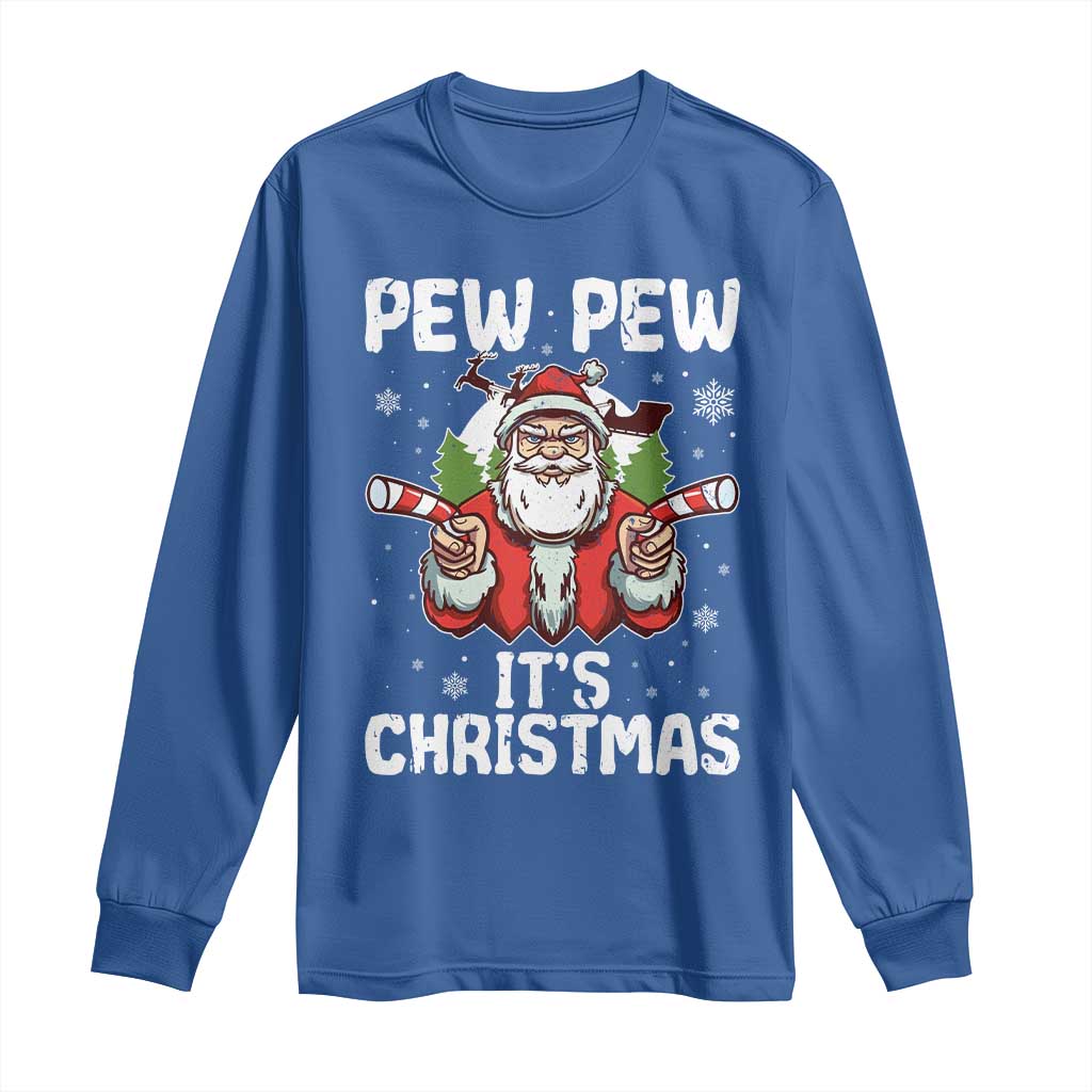 Funny Pew Pew Santa Christmas Long Sleeve Shirt Angry Santa with Candy Cane Guns Holiday Humor TS02 Royal Blue Print Your Wear