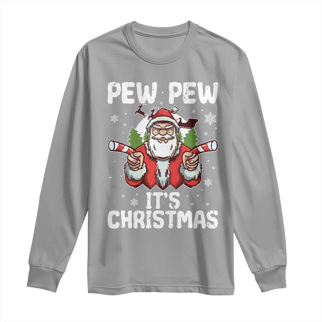 Funny Pew Pew Santa Christmas Long Sleeve Shirt Angry Santa with Candy Cane Guns Holiday Humor TS02 Sport Gray Print Your Wear