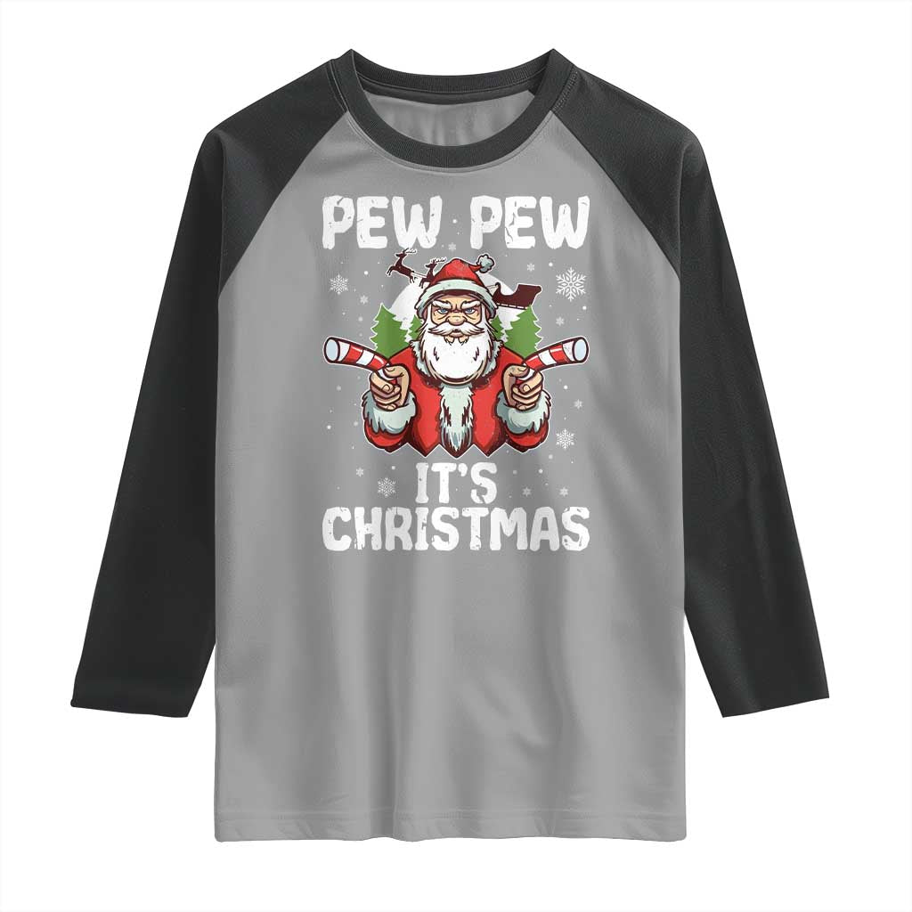 Funny Pew Pew Santa Christmas Raglan Shirt Angry Santa with Candy Cane Guns Holiday Humor TS02 Sport Gray Black Print Your Wear