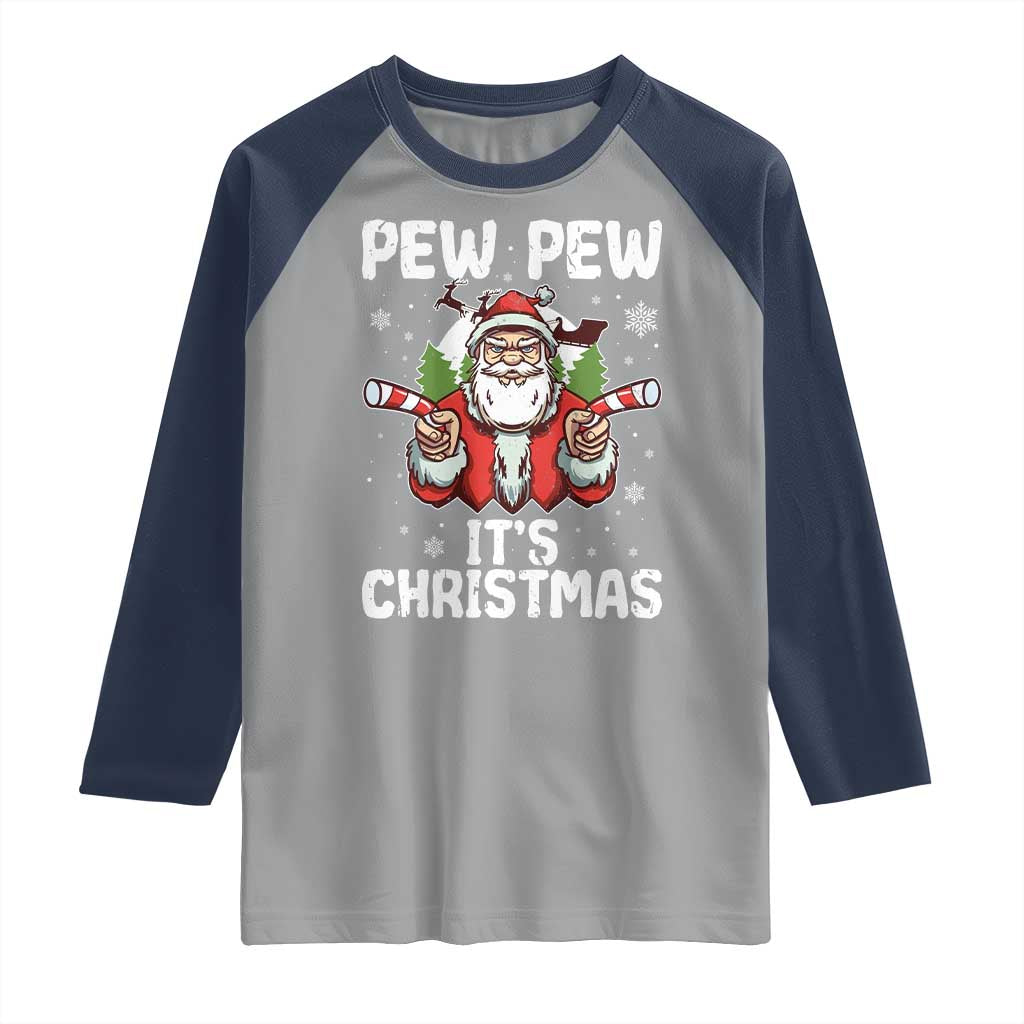 Funny Pew Pew Santa Christmas Raglan Shirt Angry Santa with Candy Cane Guns Holiday Humor TS02 Sport Gray Navy Print Your Wear