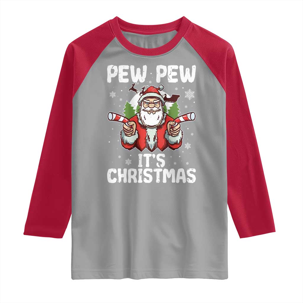 Funny Pew Pew Santa Christmas Raglan Shirt Angry Santa with Candy Cane Guns Holiday Humor TS02 Sport Gray Red Print Your Wear