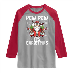 Funny Pew Pew Santa Christmas Raglan Shirt Angry Santa with Candy Cane Guns Holiday Humor TS02 Sport Gray Red Print Your Wear