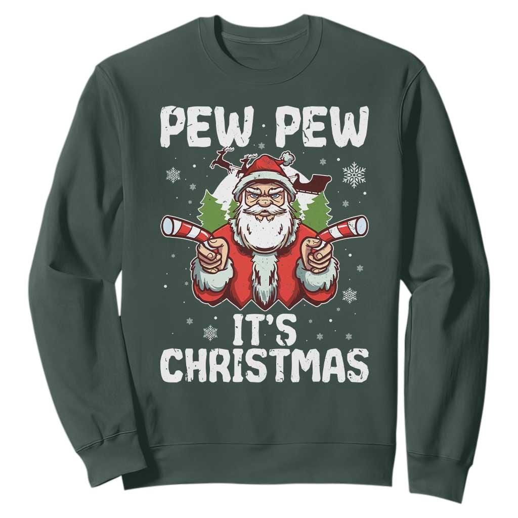 Funny Pew Pew Santa Christmas Sweatshirt Angry Santa with Candy Cane Guns Holiday Humor TS02 Dark Forest Green Print Your Wear