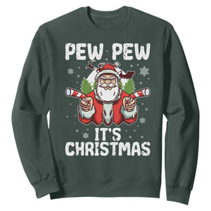 Funny Pew Pew Santa Christmas Sweatshirt Angry Santa with Candy Cane Guns Holiday Humor TS02 Dark Forest Green Print Your Wear