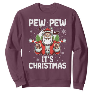 Funny Pew Pew Santa Christmas Sweatshirt Angry Santa with Candy Cane Guns Holiday Humor TS02 Maroon Print Your Wear