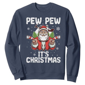 Funny Pew Pew Santa Christmas Sweatshirt Angry Santa with Candy Cane Guns Holiday Humor TS02 Navy Print Your Wear