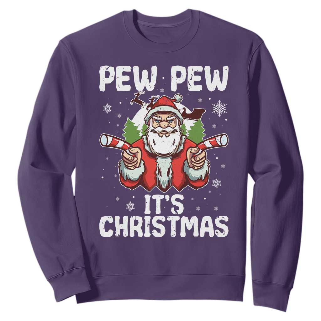 Funny Pew Pew Santa Christmas Sweatshirt Angry Santa with Candy Cane Guns Holiday Humor TS02 Purple Print Your Wear