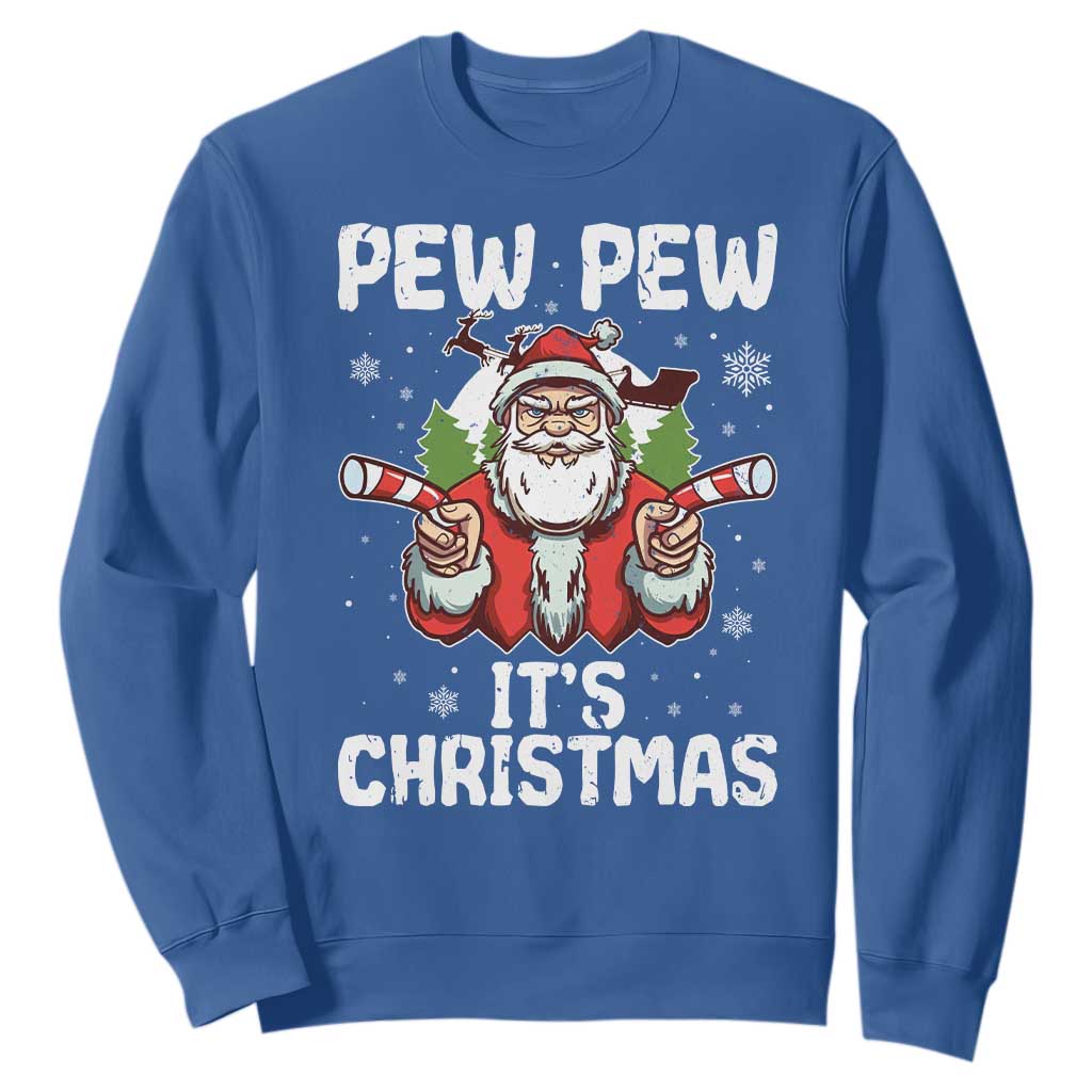 Funny Pew Pew Santa Christmas Sweatshirt Angry Santa with Candy Cane Guns Holiday Humor TS02 Royal Blue Print Your Wear