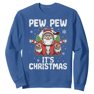 Funny Pew Pew Santa Christmas Sweatshirt Angry Santa with Candy Cane Guns Holiday Humor TS02 Royal Blue Print Your Wear