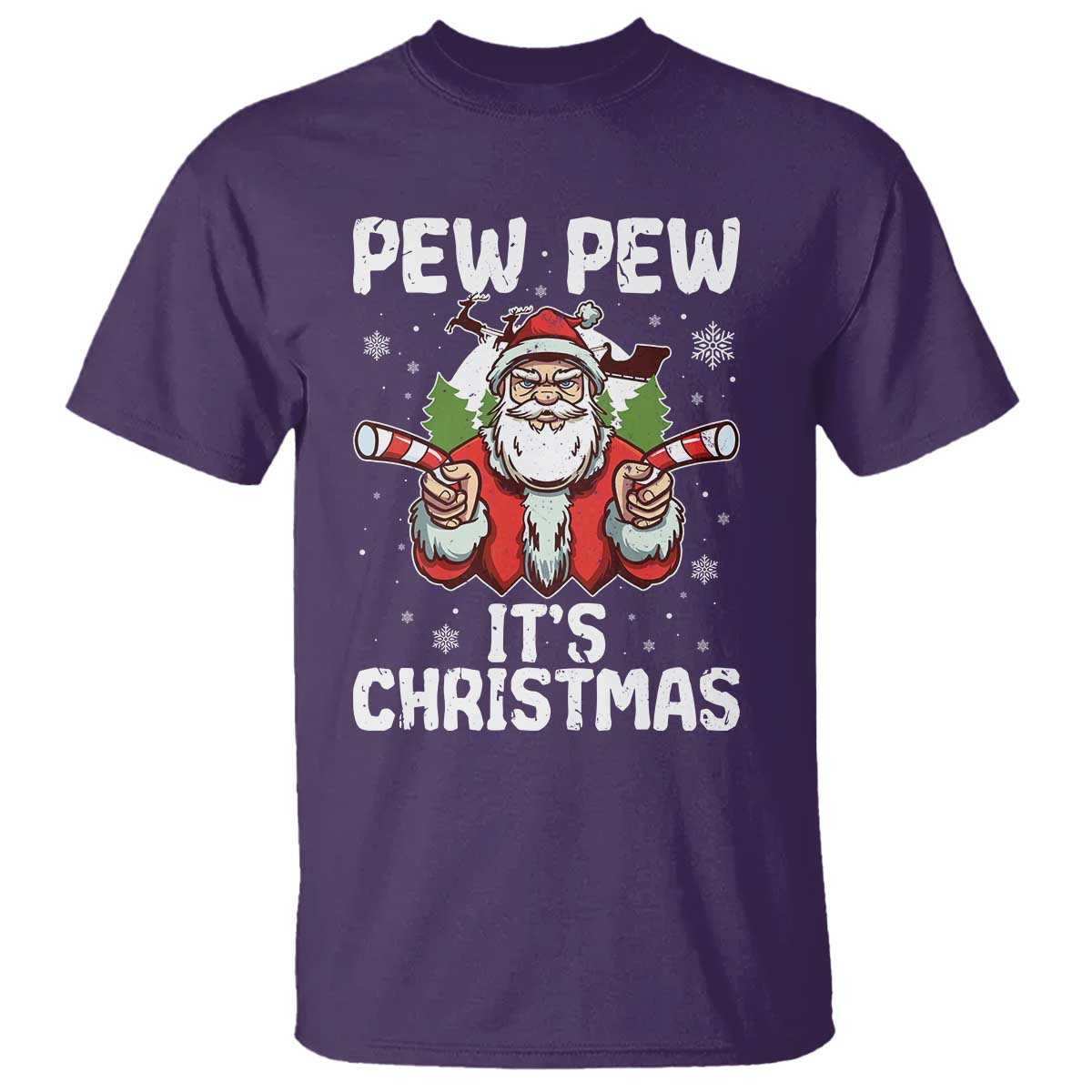 Funny Pew Pew Santa Christmas T Shirt Angry Santa with Candy Cane Guns Holiday Humor TS02 Purple Print Your Wear