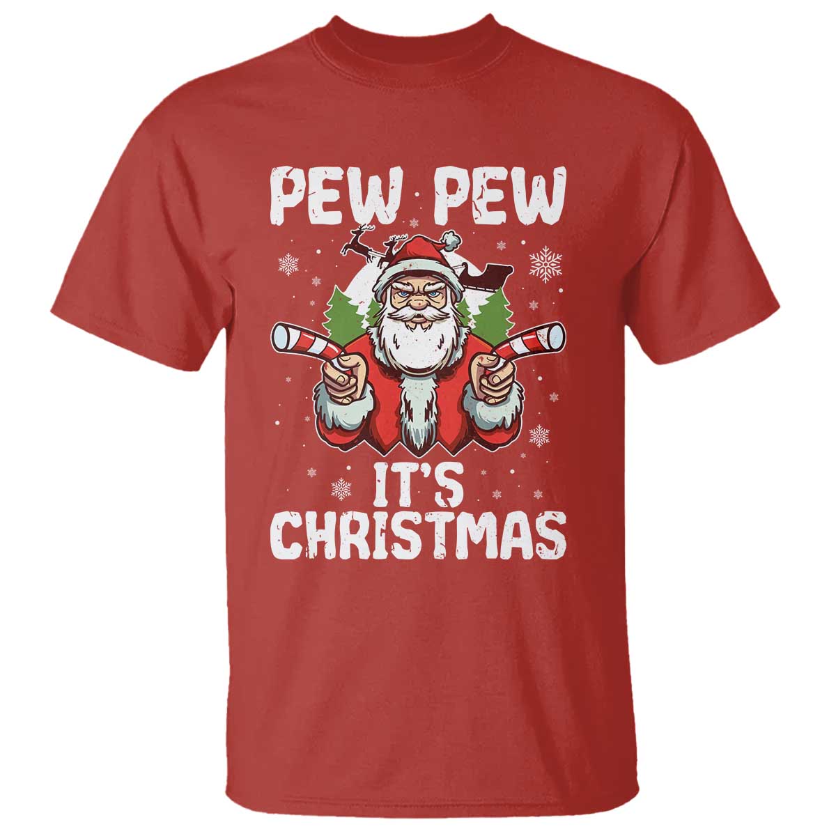 Funny Pew Pew Santa Christmas T Shirt Angry Santa with Candy Cane Guns Holiday Humor TS02 Red Print Your Wear