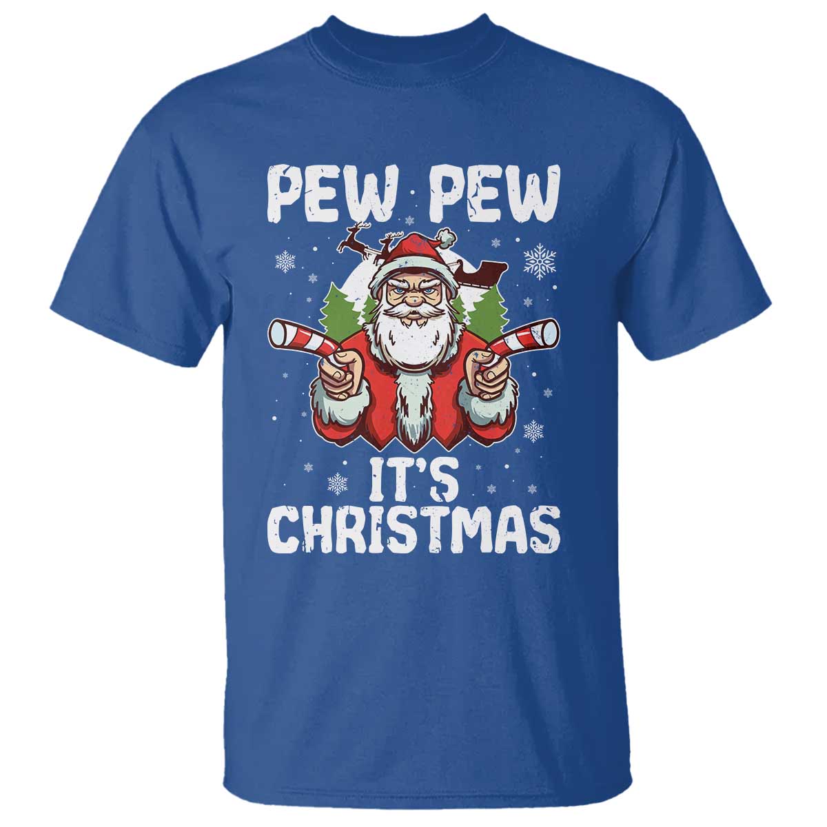Funny Pew Pew Santa Christmas T Shirt Angry Santa with Candy Cane Guns Holiday Humor TS02 Royal Blue Print Your Wear