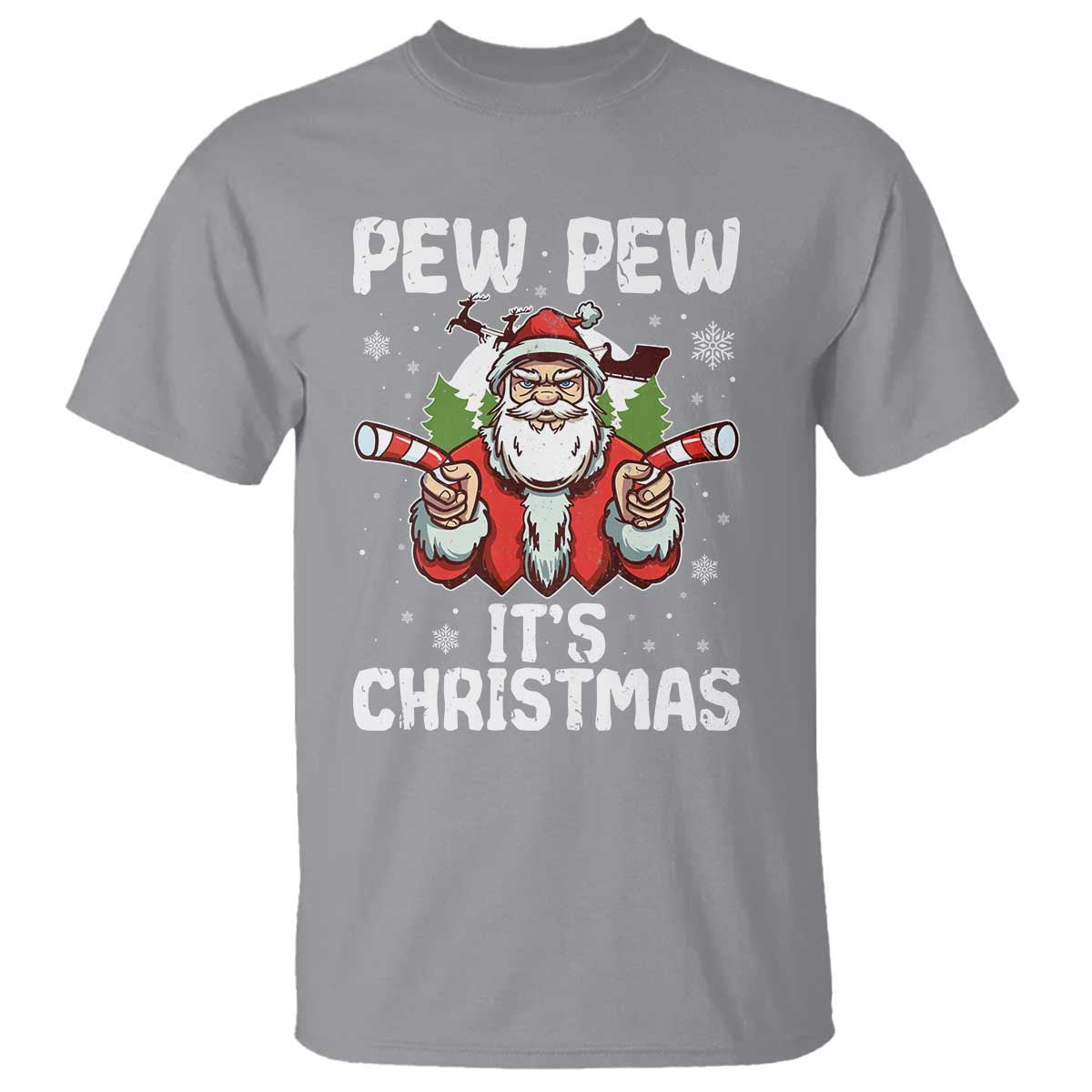 Funny Pew Pew Santa Christmas T Shirt Angry Santa with Candy Cane Guns Holiday Humor TS02 Sport Gray Print Your Wear