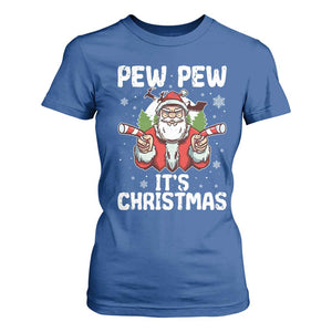 Funny Pew Pew Santa Christmas T Shirt For Women Angry Santa with Candy Cane Guns Holiday Humor TS02 Royal Blue Print Your Wear