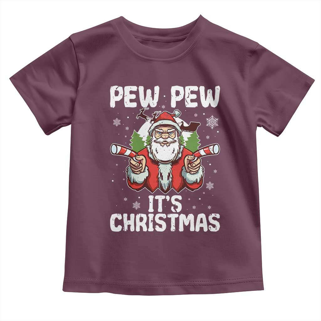 Funny Pew Pew Santa Christmas Toddler T Shirt Angry Santa with Candy Cane Guns Holiday Humor TS02 Maroon Print Your Wear