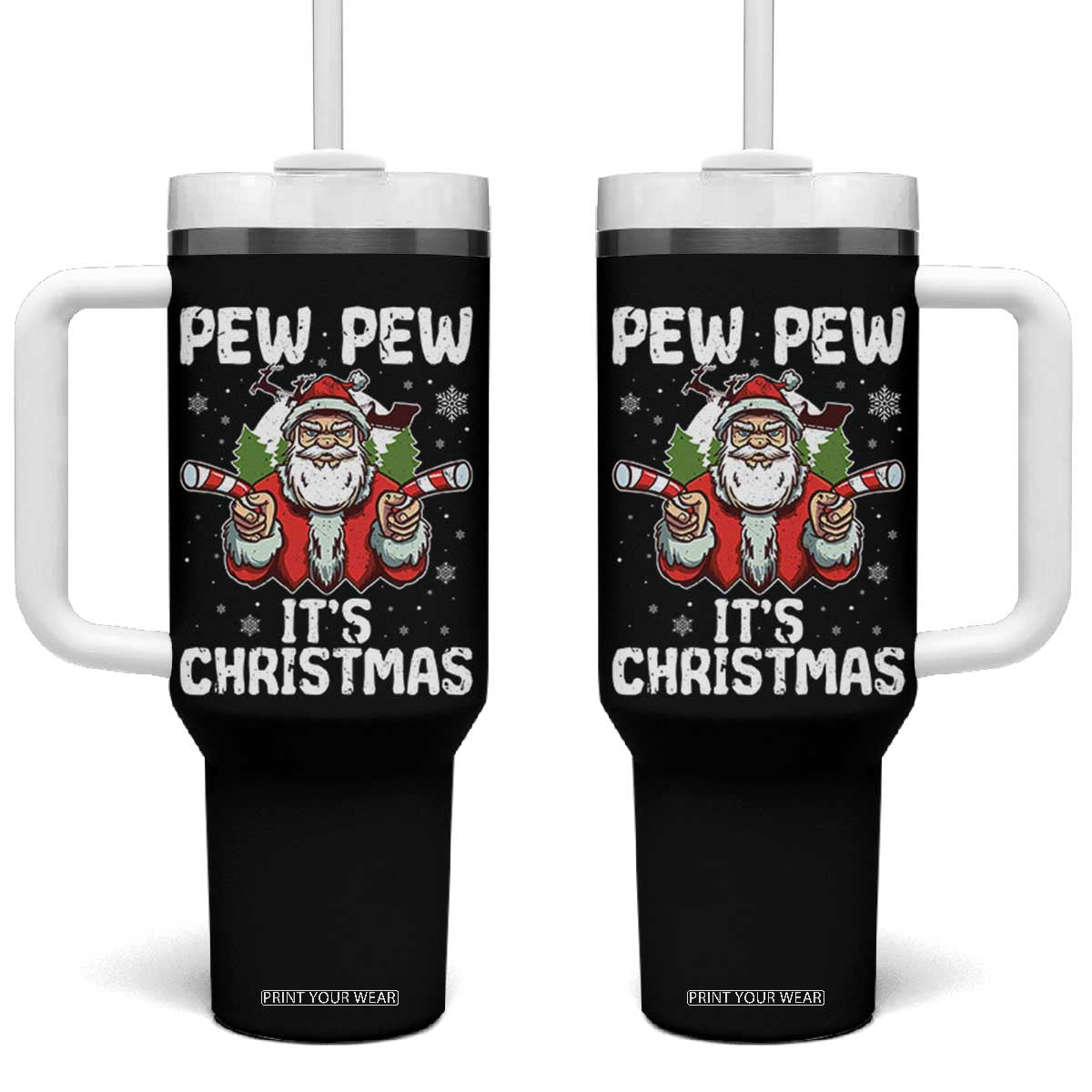 Funny Pew Pew Santa Christmas Tumbler With Handle Angry Santa with Candy Cane Guns Holiday Humor TS02 One Size: 40 oz Black Print Your Wear