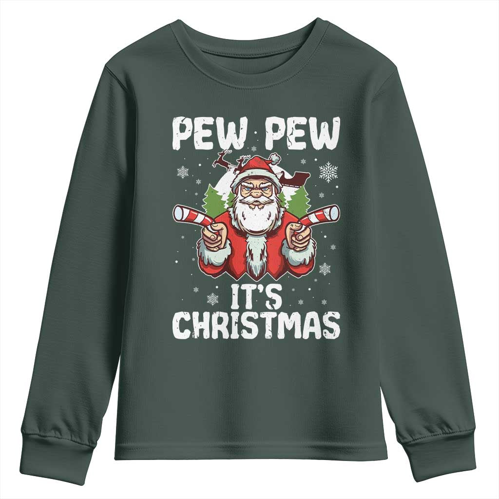 Funny Pew Pew Santa Christmas Youth Sweatshirt Angry Santa with Candy Cane Guns Holiday Humor TS02 Dark Forest Green Print Your Wear