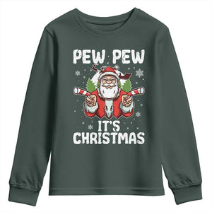 Funny Pew Pew Santa Christmas Youth Sweatshirt Angry Santa with Candy Cane Guns Holiday Humor TS02 Dark Forest Green Print Your Wear