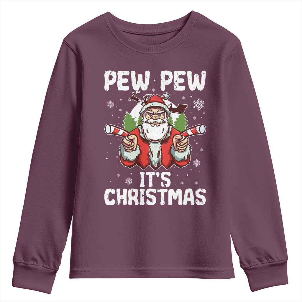 Funny Pew Pew Santa Christmas Youth Sweatshirt Angry Santa with Candy Cane Guns Holiday Humor TS02 Maroon Print Your Wear