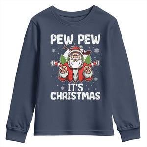 Funny Pew Pew Santa Christmas Youth Sweatshirt Angry Santa with Candy Cane Guns Holiday Humor TS02 Navy Print Your Wear