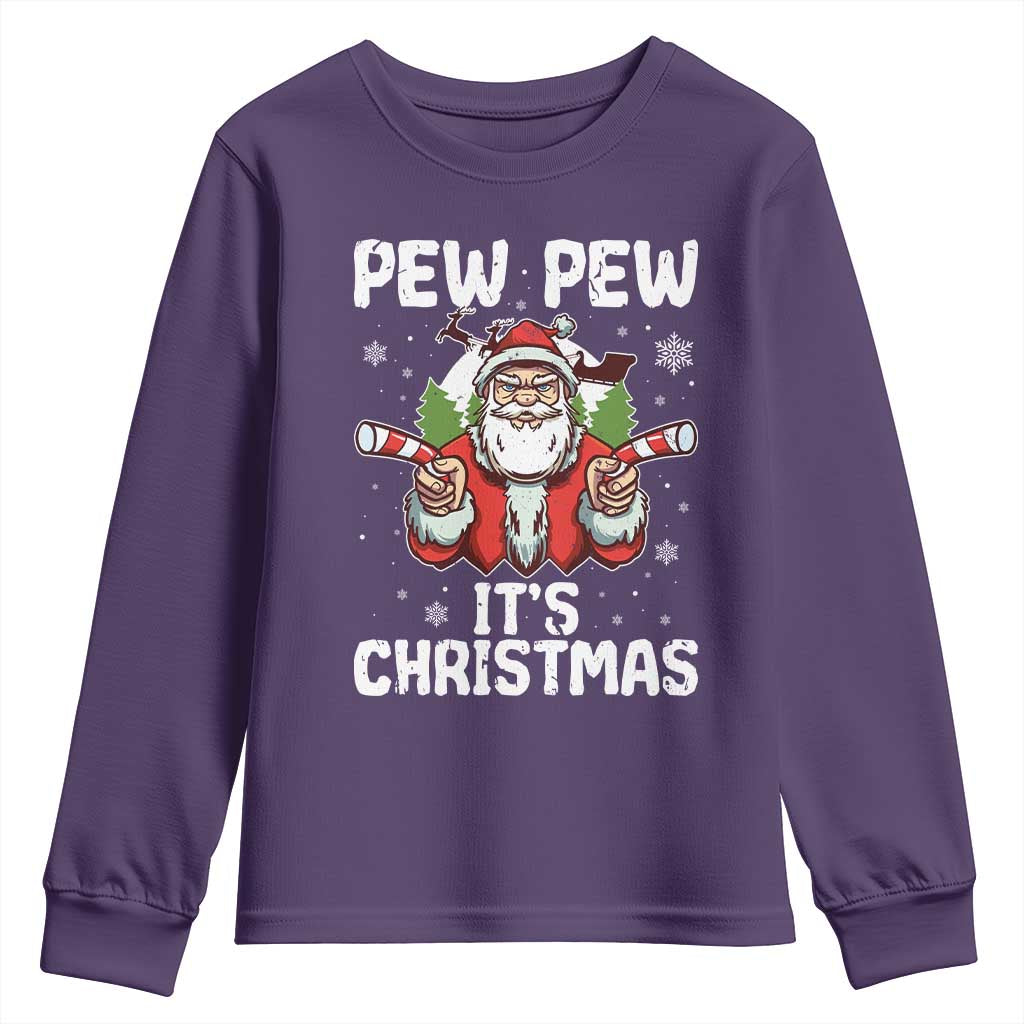 Funny Pew Pew Santa Christmas Youth Sweatshirt Angry Santa with Candy Cane Guns Holiday Humor TS02 Purple Print Your Wear