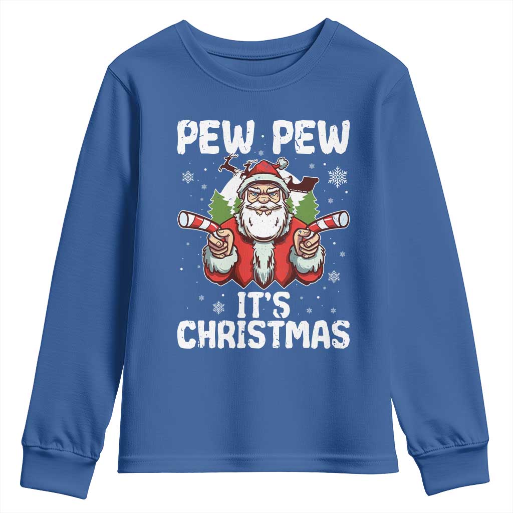 Funny Pew Pew Santa Christmas Youth Sweatshirt Angry Santa with Candy Cane Guns Holiday Humor TS02 Royal Blue Print Your Wear