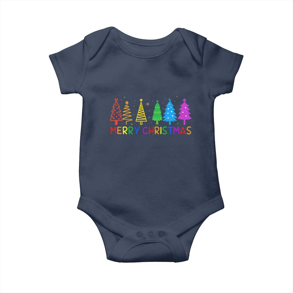 Colorful Rainbow Christmas Trees Baby Onesie Merry Xmas Fun Festive Holiday Pride Gift TS02 Navy Print Your Wear