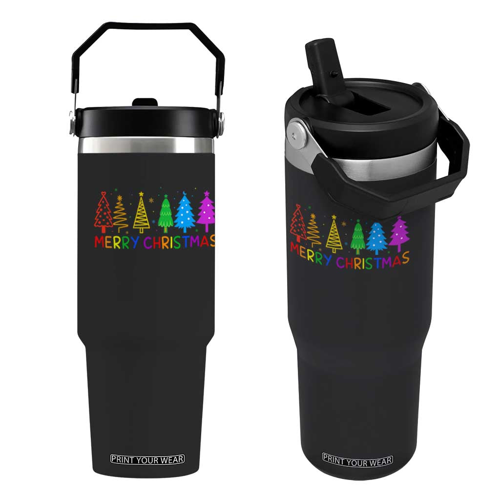Colorful Rainbow Christmas Trees Flip Straw Tumbler Merry Xmas Fun Festive Holiday Pride Gift TS02 One Size: 30 oz Black Print Your Wear