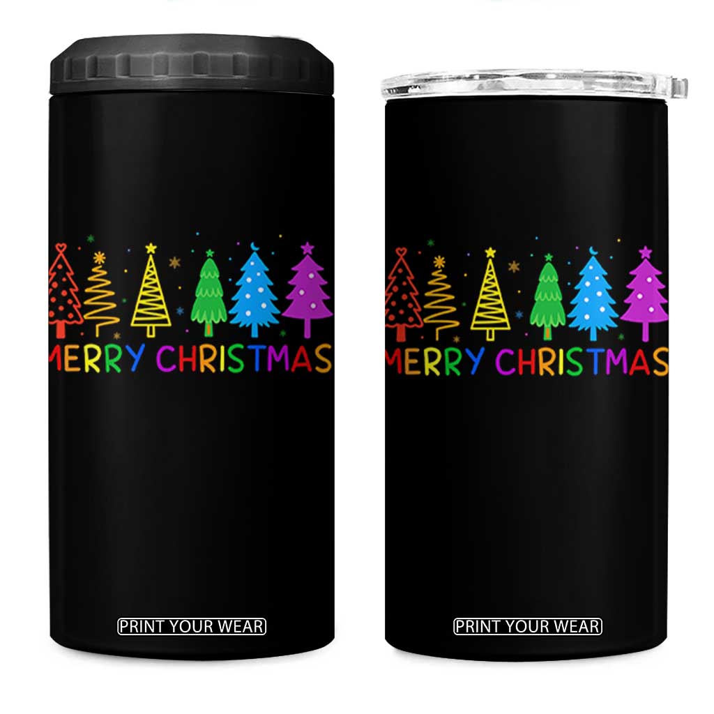 Colorful Rainbow Christmas Trees 4 in 1 Can Cooler Tumbler Merry Xmas Fun Festive Holiday Pride Gift TS02 One Size: 16 oz Black Print Your Wear