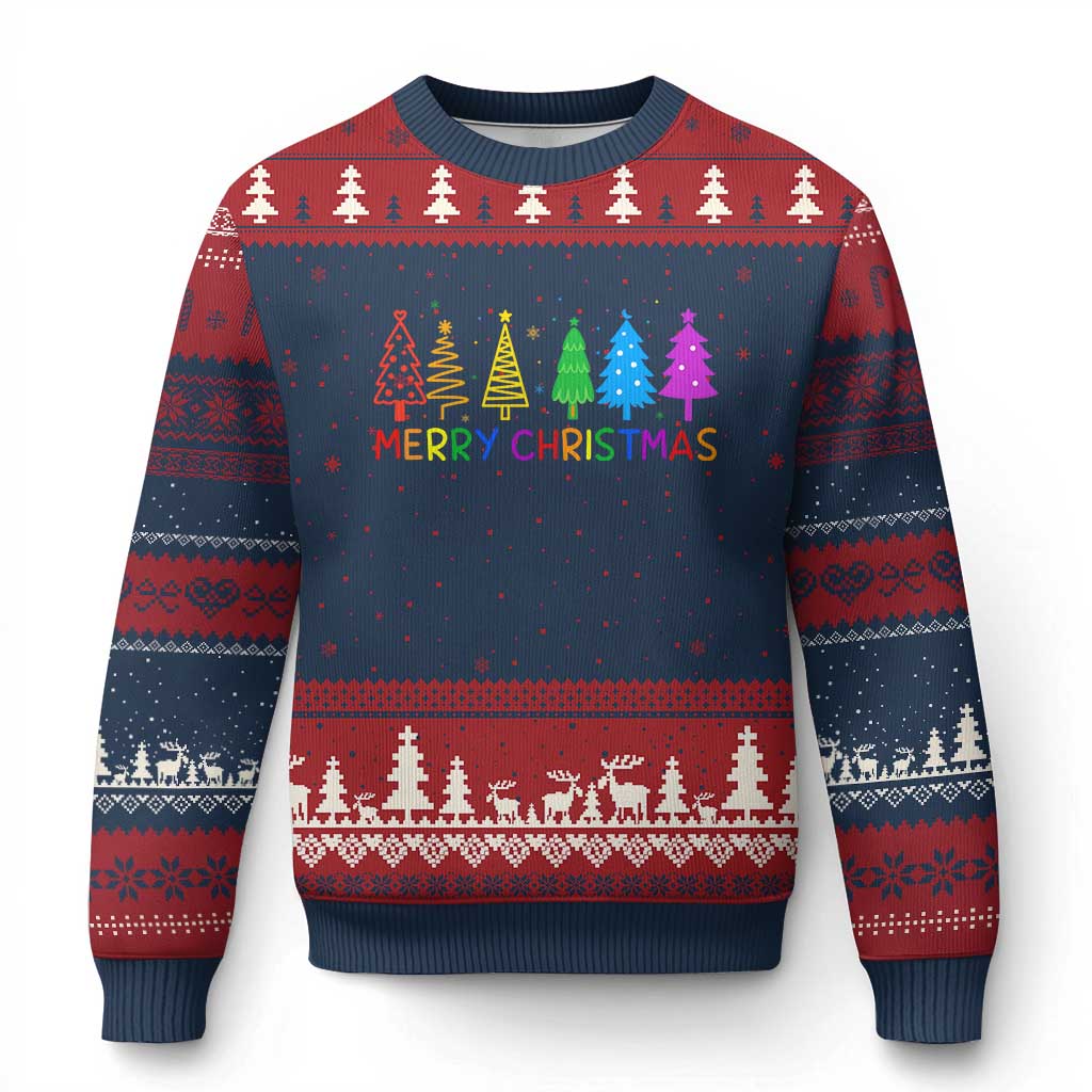 Colorful Rainbow Xmas Trees Ugly Christmas Sweater Merry Xmas Fun Festive Holiday Pride Gift TS02 Navy Red Print Your Wear