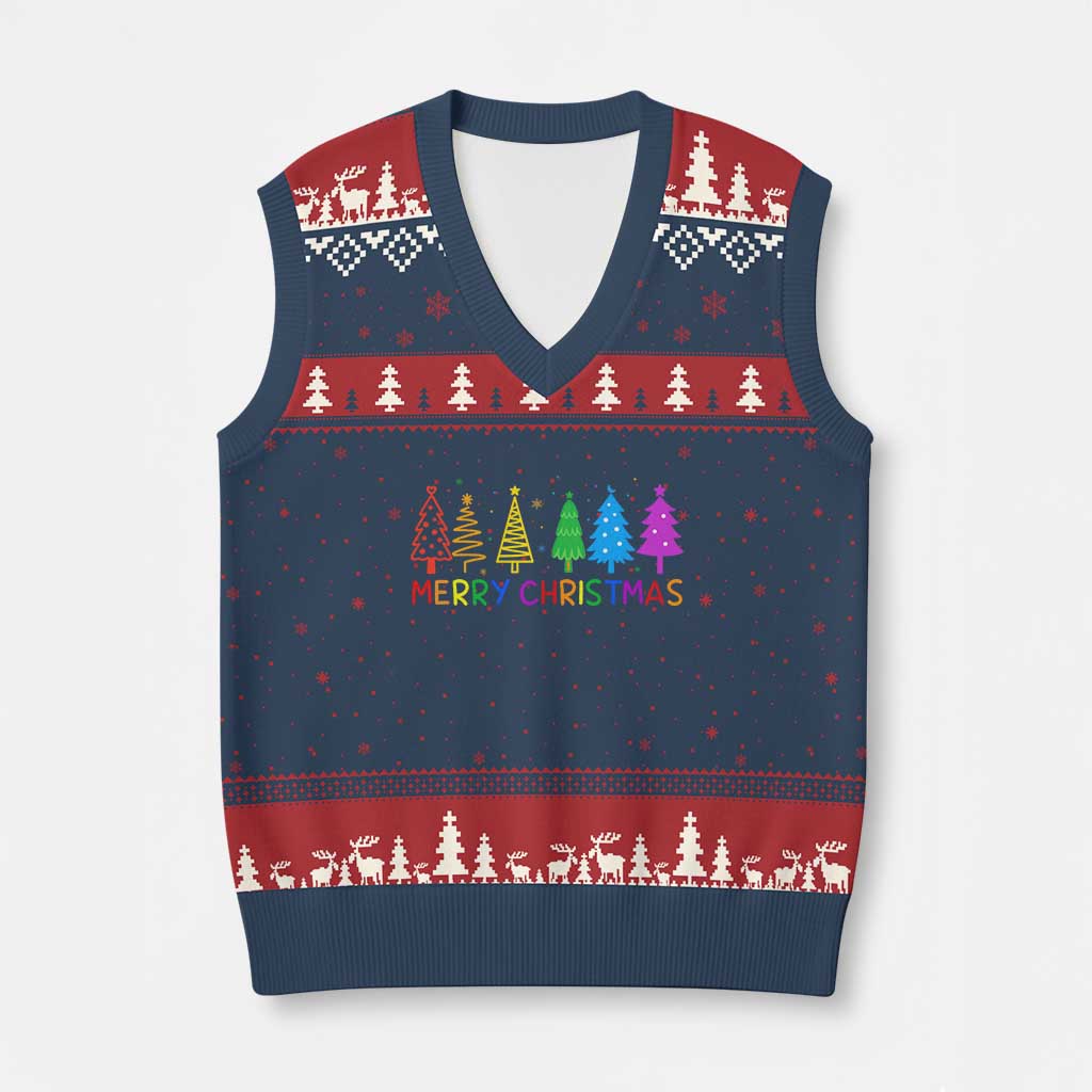 Colorful Rainbow Xmas Trees V-Neck Knit Sweater Vest Merry Xmas Fun Festive Holiday Pride Gift TS02 Navy Red Print Your Wear
