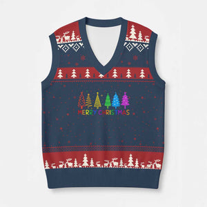 Colorful Rainbow Xmas Trees V-Neck Knit Sweater Vest Merry Xmas Fun Festive Holiday Pride Gift TS02 Navy Red Print Your Wear